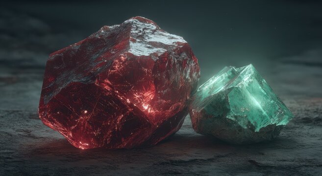 Red and green gems on dark surface