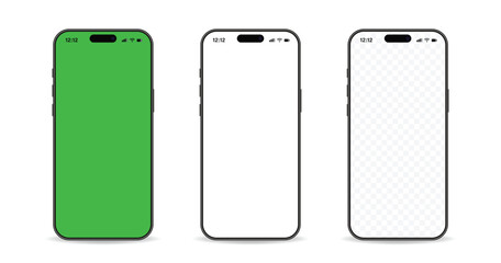 3d mockup of the new mobile phones. Smartphone mockup set with white empty transparent, white, green touch screen