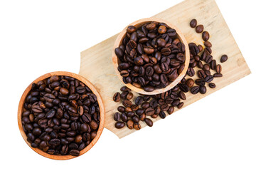 wooden cup of coffee beans isolated on white