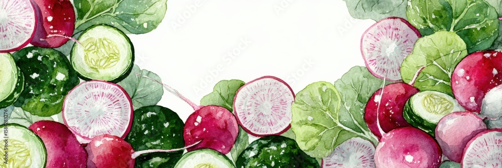 Poster vibrant watercolor pattern featuring sliced cucumbers and radishes with space for your text