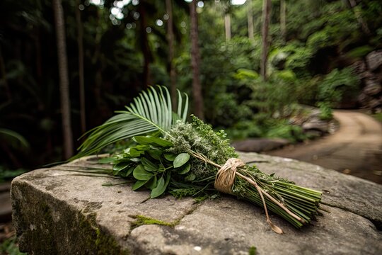 Lush green bouquet of herbs and leaves arranged on a stone in a tropical forest setting