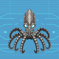 Vector illustration of a robotic monster resembling a mechanical squid or octopus