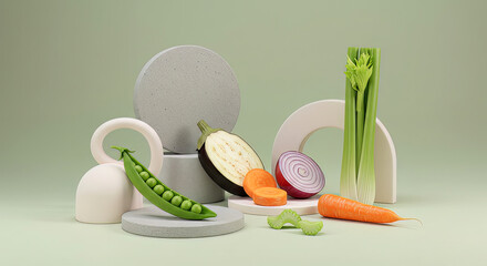 Assorted vegetables arranged with abstract geometric shapes