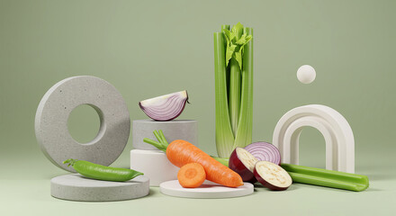 Assorted vegetables and abstract shapes on green background