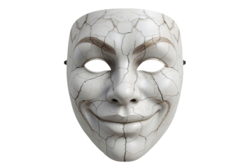 Cracked smiling mask, dark background, isolated, theatrical
