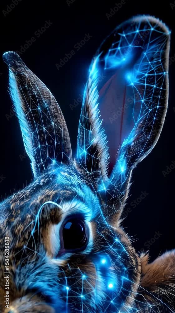 Poster close-up portrait of a rabbit with blue digital network effect on dark background. concept of techno