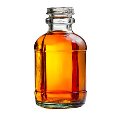 A clear glass bottle filled with amber liquid isolated on transparent background