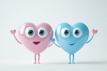 Obraz premium Adorable pink and blue heart characters with big eyes cheerful and smiling for love and fun