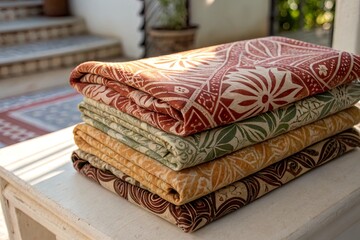 Stacked colorful textiles on a table with a decorative outdoor background and steps