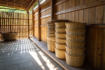 Stacked wicker baskets in a wooden interior with sunlight casting shadows on the floor