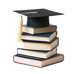 Stack of academic books topped with a graduation cap and tassel isolated on transparent background
