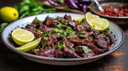 Spicy beef dish with lime and herbs on a plate.