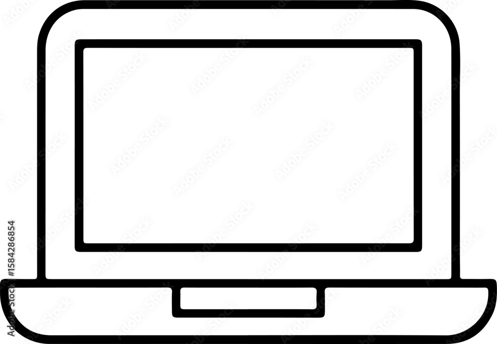 Fototapete simple black line art drawing of an open laptop computer on a white background