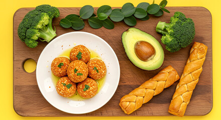 Broccoli avocado cheese balls and braided bread on cutting board