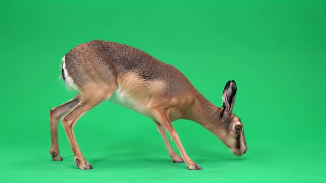 Small Antelope or Klipspringer Bending Down to Graze on a Green Screen Background for Easy Compositing and Isolation