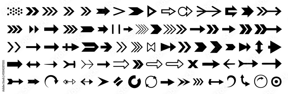 Poster collection of diverse arrow designs in black color arranged in horizontal rows on a white background