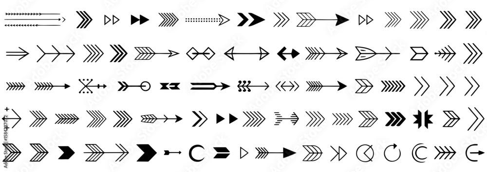 Poster collection of diverse arrow designs arranged in five rows showcasing varied styles and patterns