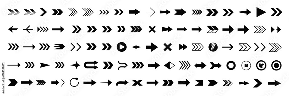 Poster a collection of various arrow designs pointing right with different styles and orientations shown he