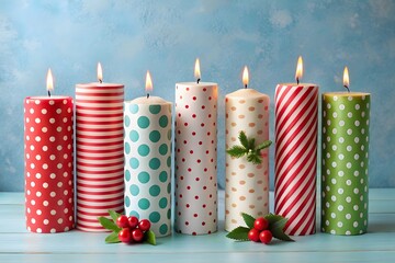 Festive christmas candles with polka dots and stripes adorned with holly and berries