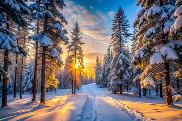 Golden hour sunlight illuminates a snow covered forest path