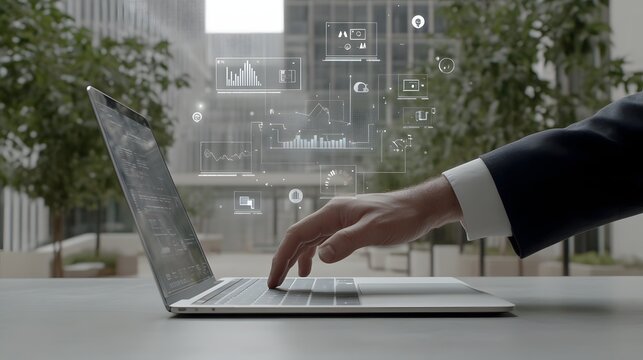 Person using a laptop with digital interface overlay.