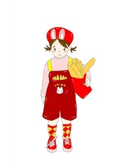 little girl in red dress with French fries