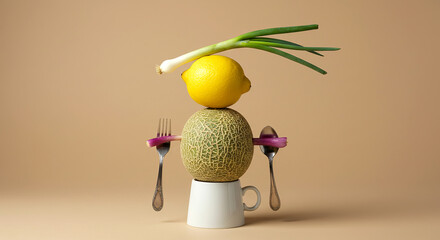 Melon lemon green onion and cutlery balanced on mug