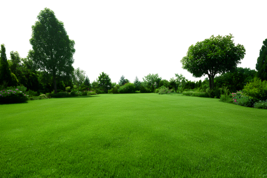 Realistic Garden Landscape with Green Grass and Trees Isolated on Transparent Background

