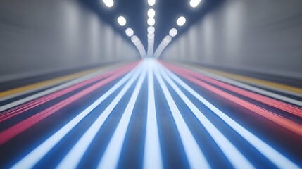 Colorful neon lines converge in a tunnel.