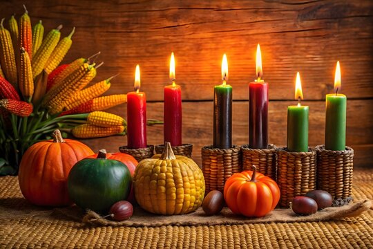 Kwanzaa celebration with lit candles pumpkins corn and gourds on a wooden background - Powered by Adobe