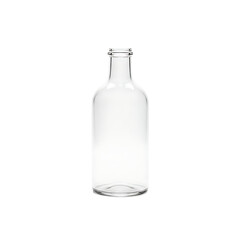 Clear empty glass bottle with metal cap on transparan background isolated mockup
