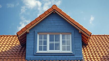 Blue house rooftop with orange tile roof under bright sky and soft clouds, showing window with white frame and grid pattern, peaceful and clear weather scene