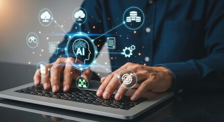 Photo of person using laptop with artificial intelligence technology interface