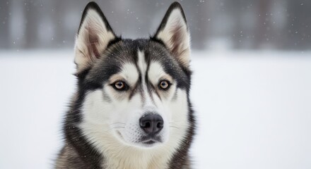Obraz premium Close-up portrait of a beautiful Siberian Husky dog, gazing intently, with snowy background.