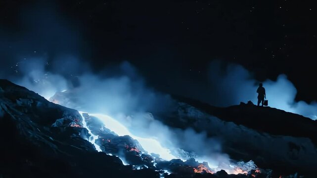 A cinematic shot of the electric blue fire phenomenon at Ijen Crater, with a sulfur miner silhouette at night - AI Generated