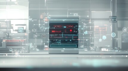 Futuristic server room with holographic displays.