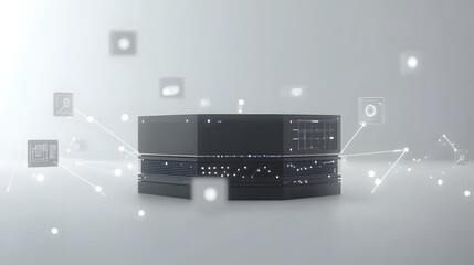 Futuristic data center server in a modern setting.