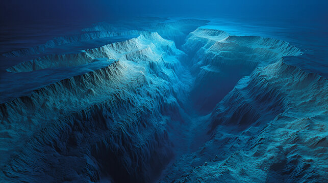 Deep underwater canyon with cascading layers of blue density currents forming liquid avalanches visible through sonar-like ripples, revealing hydrodynamic forces and stratified oceanography