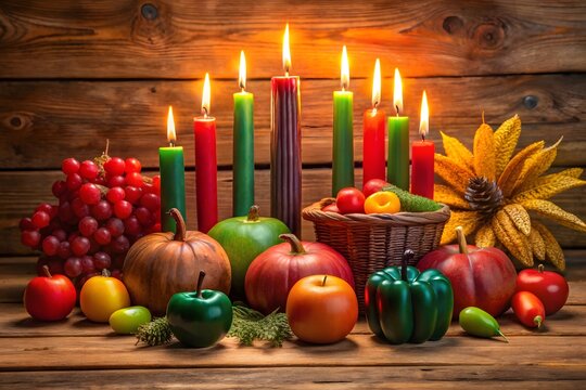 Kwanzaa celebration with candles fruits and vegetables on a rustic wooden background - Powered by Adobe