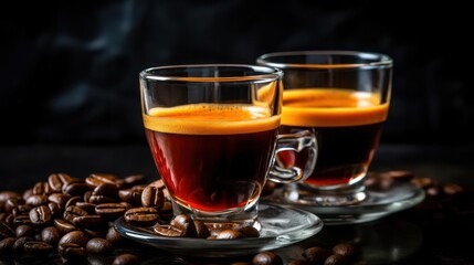 Two cups of coffee with beans, dark and rich.