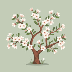 Fototapeta premium Stylized almond tree illustration with white blossoms and green leaves on a soft green background