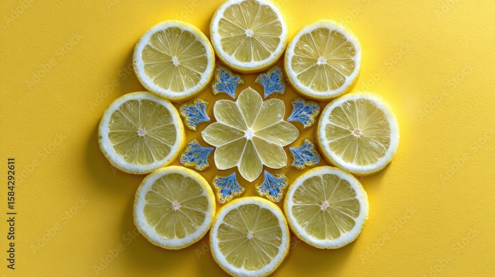 Poster lemon wedges arranged in an intricate mandala pattern on a bright yellow background, creating a vibr