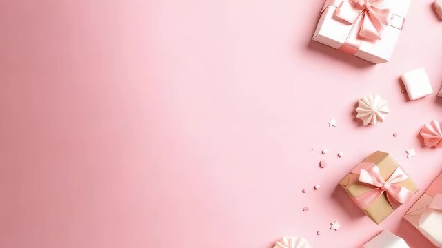 Gentle pastel pink surface with wrapped gift boxes and meringues, offering a bright feminine feel perfect for celebrations or romantic themed presentations