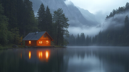 Fototapeta premium Cozy wooden cabin with glowing windows by calm lake surrounded by misty forest and towering mountains, creating peaceful and serene atmosphere at dusk