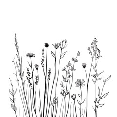 Highly detailed illustrations of various trees, leaves, grasses, and botanical elements, featuring realistic, minimalist, and abstract compositions on a white background.