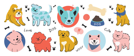 Dog sticker vector. Lovely dog doodle pattern in different poses and breeds. Adorable funny pet and many characters hand drawn collection for T-shirt, sticker, print, pet shop. 