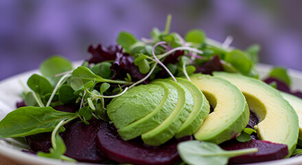 Sliced avocado and beetroot salad with microgreens 1