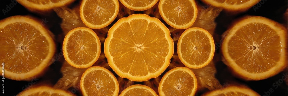 Poster sliced oranges arranged in a mandala design with a motion blur effect highlighting their vibrant col