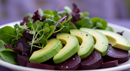 Sliced avocado and beetroot salad with microgreens