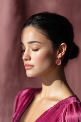 Fototapeta premium Peaceful profile shot of a young woman with her eyes closed in a soft pastel palette captured with depth of field for a tranquil mood